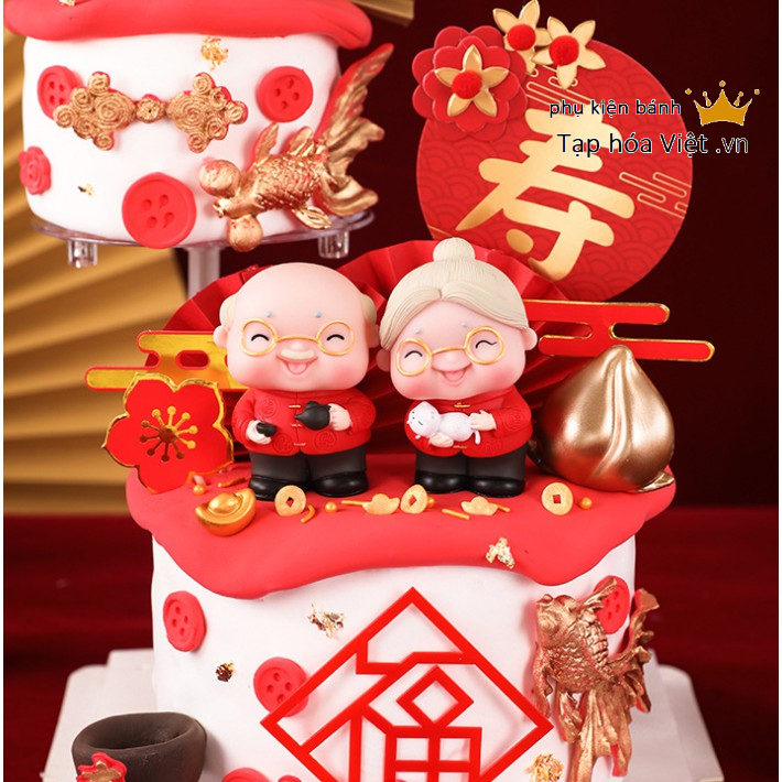 Tượng ông bà ÁO ĐỎ trang trí bánh sinh nhật, mừng thọ ông bà