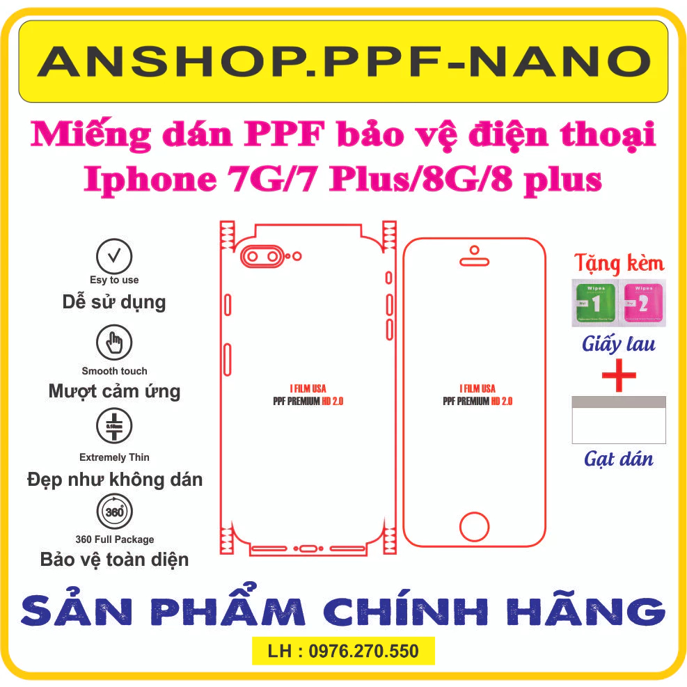Miếng dán PPF bảo vệ điện thoại Iphone7 (Iphone 7/ 7G) Iphone 8 (IP8) 7Plus/ 8Plus