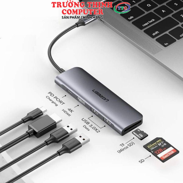 Thiết bị mở rộng USB type C sang HDMI, USB 3.0, đọc thẻ SD/TF, hỗ trợ sạc USB C Ugreen 70411