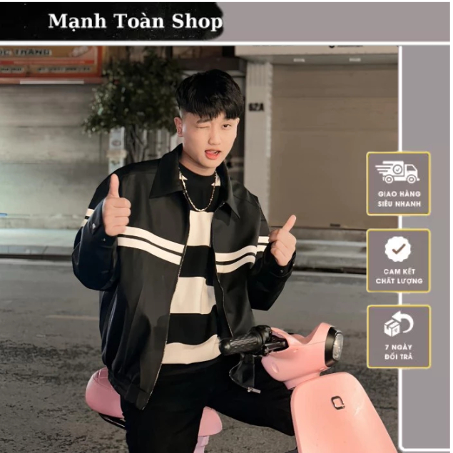 Áo Da Cổ Bẻ Do Cờ Le Phối Viền Trắng Chất Da Lu LY Chống Bong Nổ_Áo Da Trơn Hót Trend 23