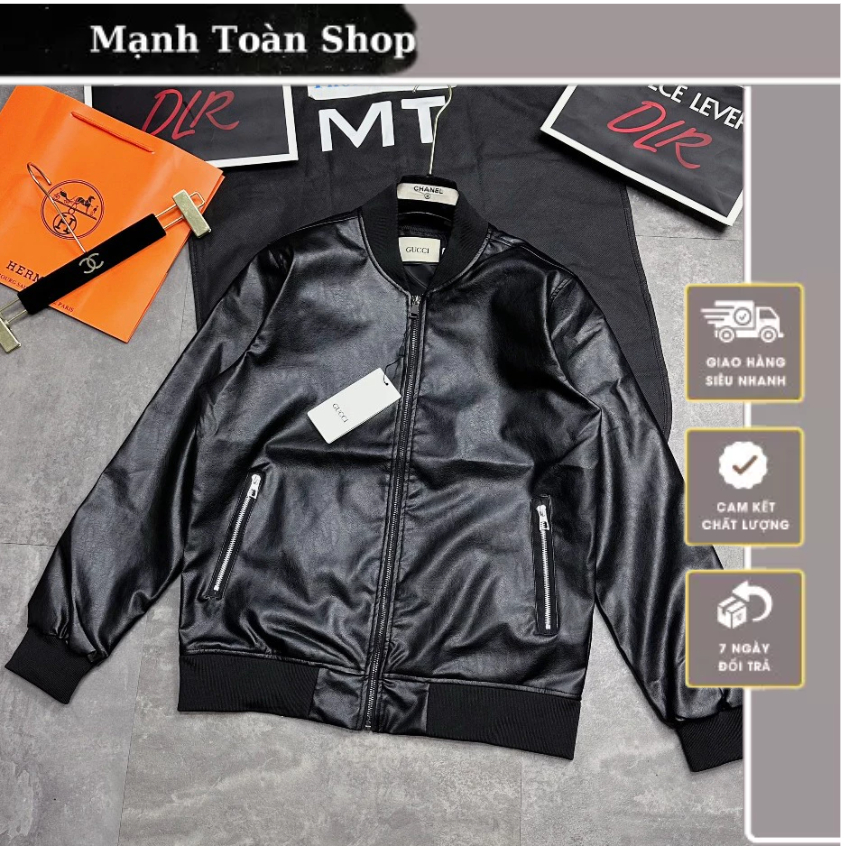 Áo Da Bomber Nam Chất Da Bê U Chống Bong Nổ Phối Túi KHóa_Áo Da Trơn Nam Nữ Đơn Giản Mà Sang