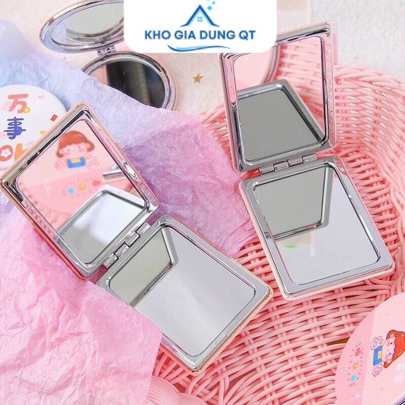Gương Trang Điểm Mini Cầm Tay Hai Mặt Hình Vuông Vỏ Bằng Da PU In Họa Tiết Hình Thú Dễ thương