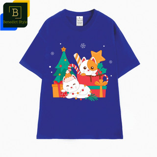 Cao cấp - Áo thun oversize Noel in 2 con mèo họa tiết cây thông kẹo bông tuyết quà Giáng Sinh Christmas cat shirt BND624