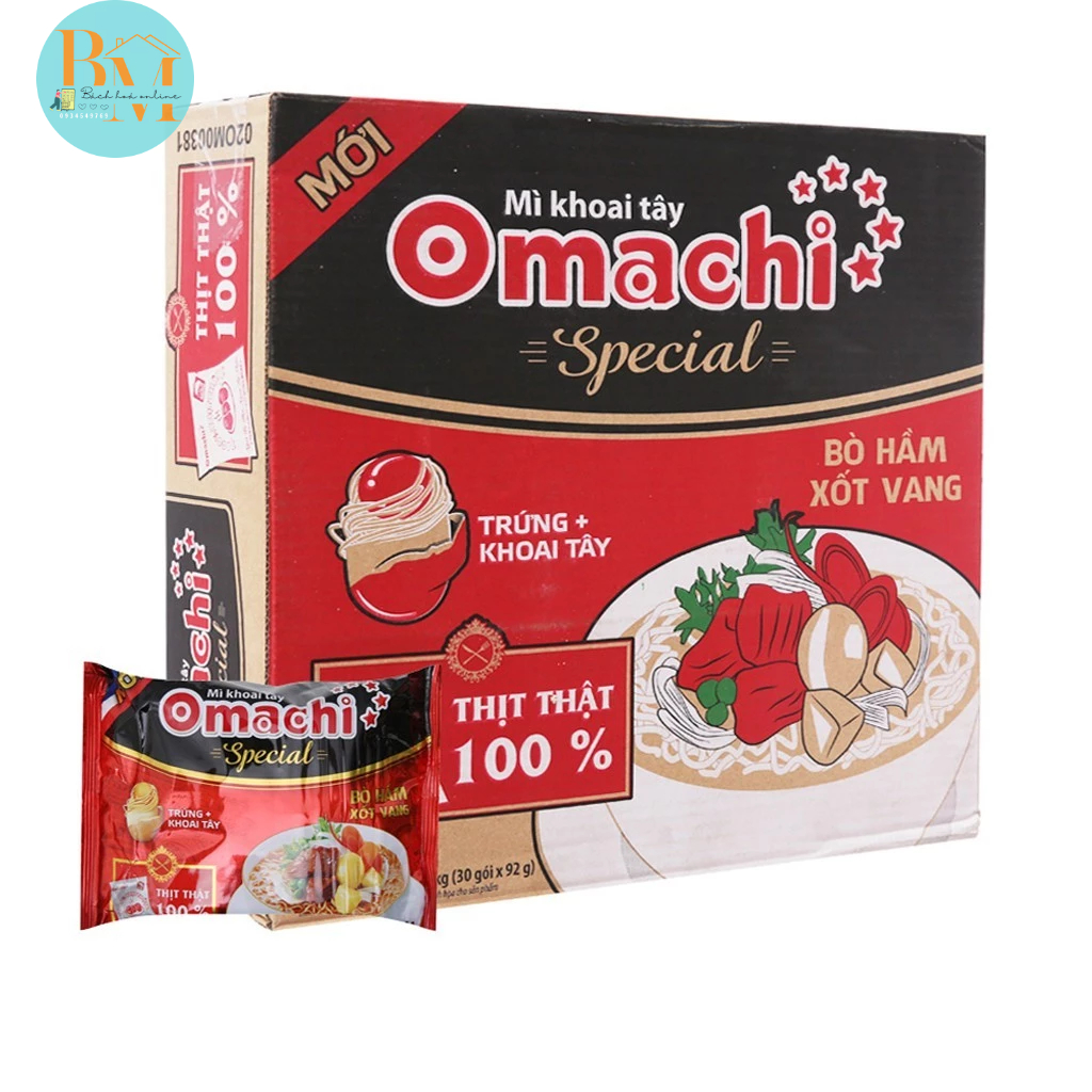 Mì Khoai Tây Omachi Special Bò Hầm Xốt Vang (Thùng 30 Gói x 92 g/gói)