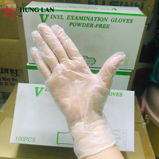  Găng tay Vinyl không bột làm bằng nhựa dẻo PVC cao cấp dùng trong thực phẩm vệ sinh spa  100chiếc hộp  