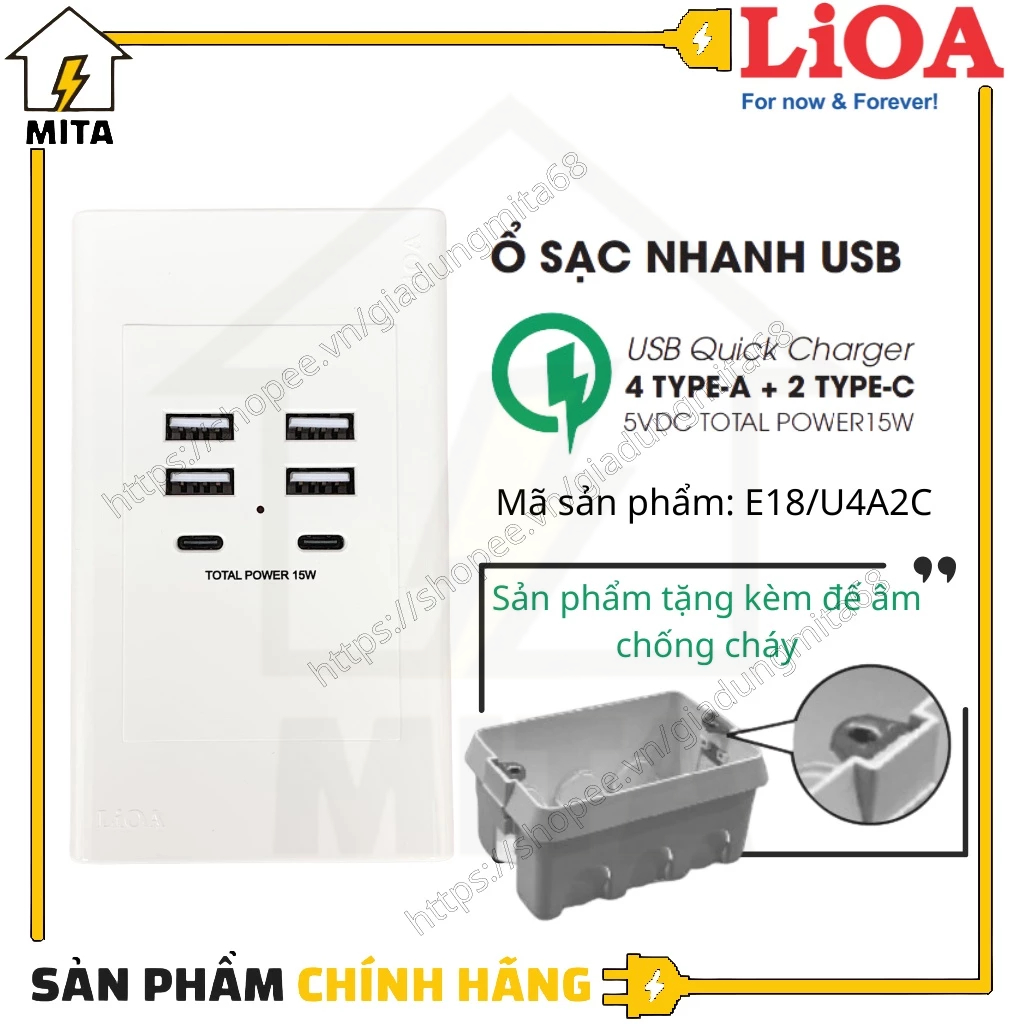 Ổ cắm điện âm tường USB sạc nhanh LiOA (lắp âm + lắp nổi) - MITA