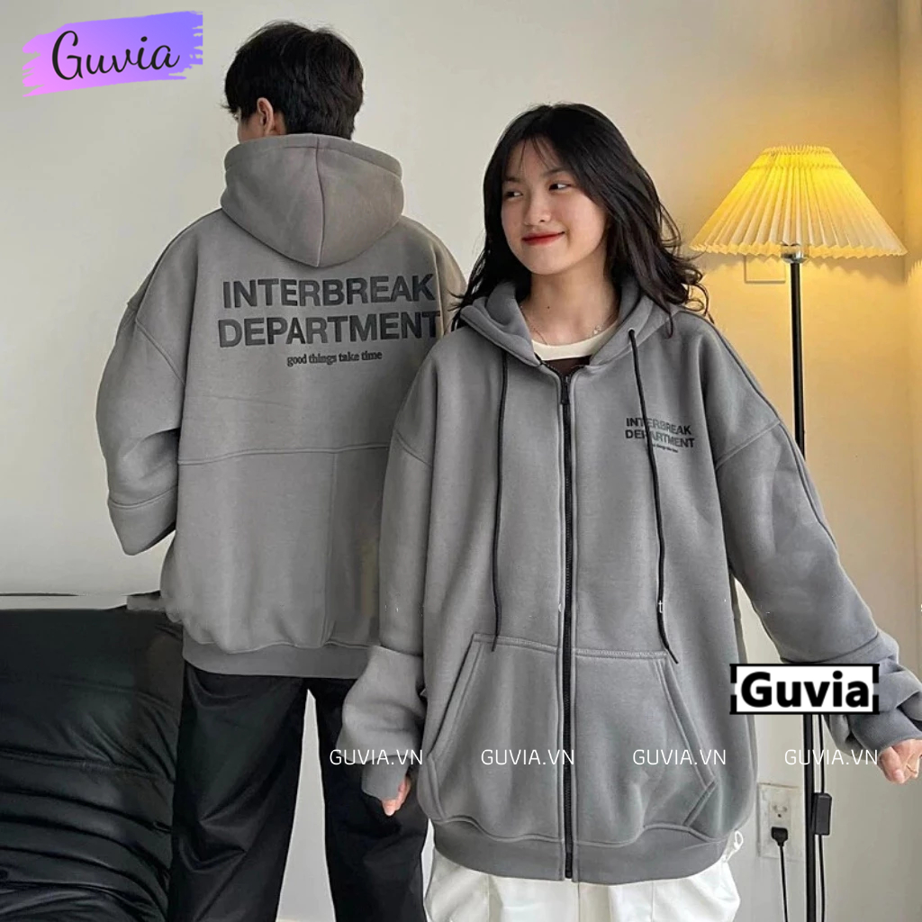 Áo Khoác Hoodie INTERBREAK Dây Kéo Zip Nam Nữ Ulzzang Unisex, Áo Khoác Form Rộng Vải Nỉ Đẹp GUVIA