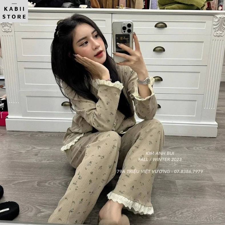 Set bộ đồ mặc nhà họa tiết hoa tím phối bèo KABII, chất tổ ong dày mềm đẹp đủ size S M