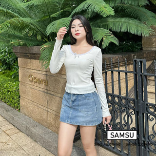 Áo thun dệt kim nữ Jena Top chất liệu thun co giãn viền cổ ren đính nơ cute Samsu.clothing_saigon