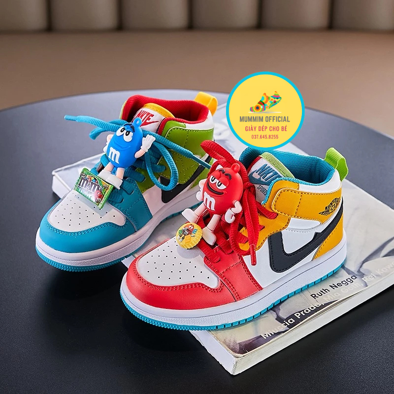 Giày thể thao cao cổ, giày sneaker bé trai bé gái phối màu xanh đỏ gắn kẹo mẫu hot 2023 cho bé size 26-37