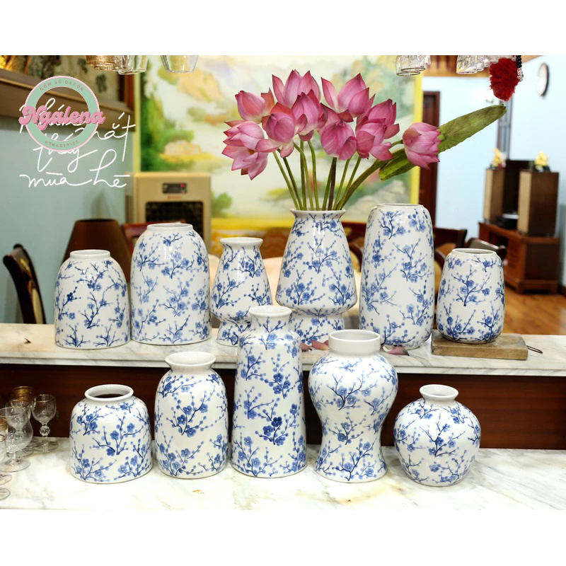Bình hoa,lọ cắm hoa gốm sứ Bát tràng hoạ tiết vẽ hoa xanh