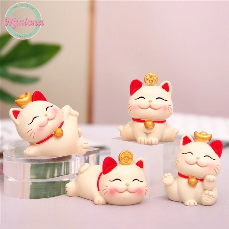 Set 4 chú mèo may mắn mang lại tài lộc dồi dào, decor bàn làm việc, trang trí xe hơi, ô tô