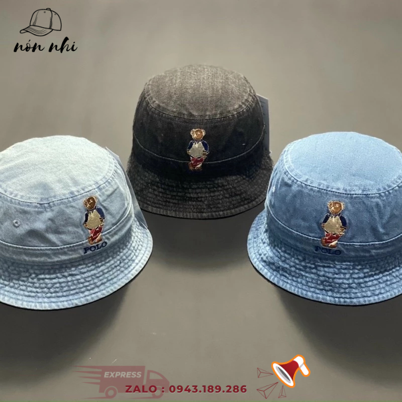 Nón bucket jean thêu gấu