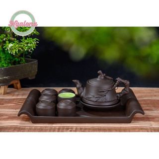 Bộ Ấm chén tử sa đắp trúc khay chữ nhật