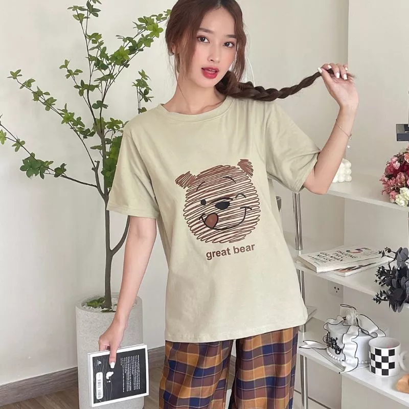 Set đồ Kẻ Ô nữ quần dài caro , áo thun cotton tay ngăn IN hình gấu ANHSTORE , Bộ quần dài nữ kẻ ô thời trang