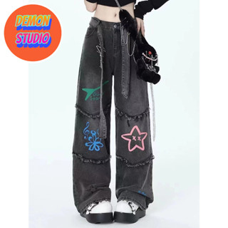 Quần jeans nữ thiết kế cổ điển kiểu Mỹ thời trang cạp cao dáng suông ống đứng quần ống rộng in sao
