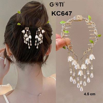 GOTI - Phụ Kiện Tóc Đẹp Quà Tặng Cho Nữ 20/10 8/3 – Kẹp Tóc Dạng Vòng Hình Hoa Lá Xanh Phối Tua Rua 2 Bên Xinh Xắn KC647