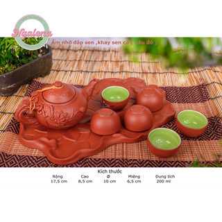 Bộ ấm chén đắp hoa sen tử sa Bát Tràng