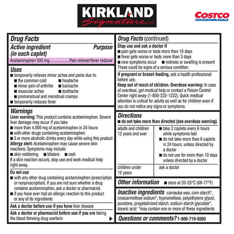 Kirkland Extra Strength Acetaminophen 500mg chai 500 viên
