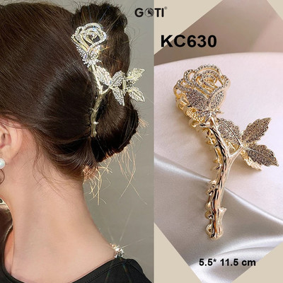 GOTI - Kẹp Tóc Càng Cua Lớn Hình Cây Hoa Hồng Phối Lá Đính Hạt Bằng Kim Loại Thời Trang Cho Nữ Thanh Lịch KC630