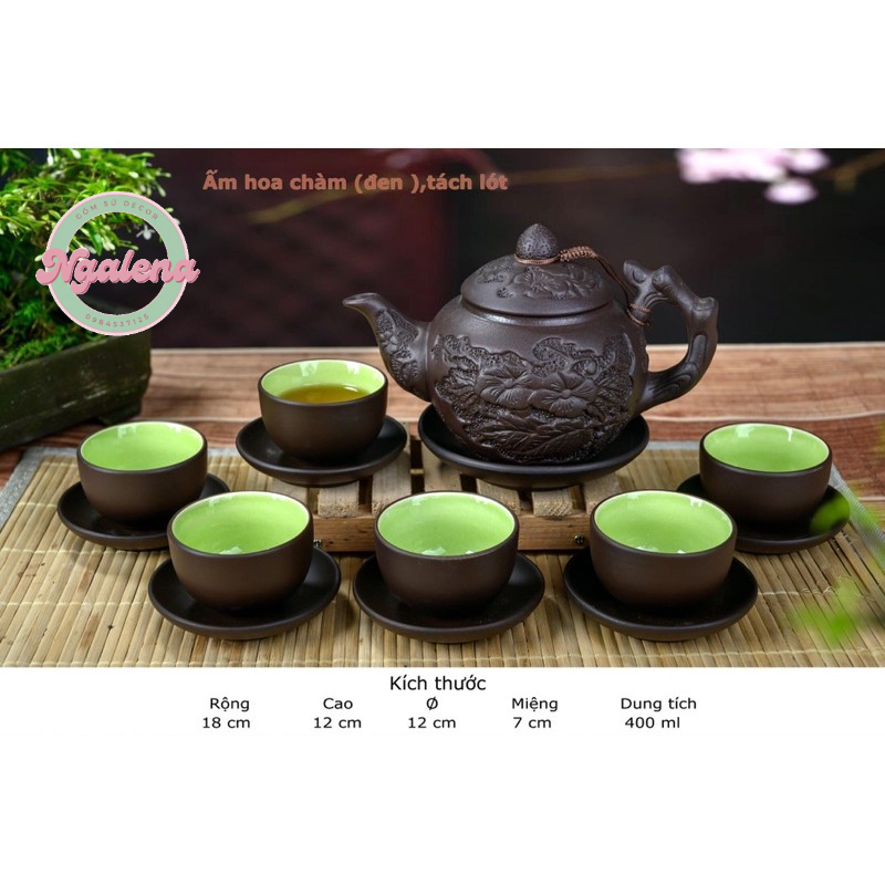 Bộ ấm chén tử sa Bát Tràng khắc hoa