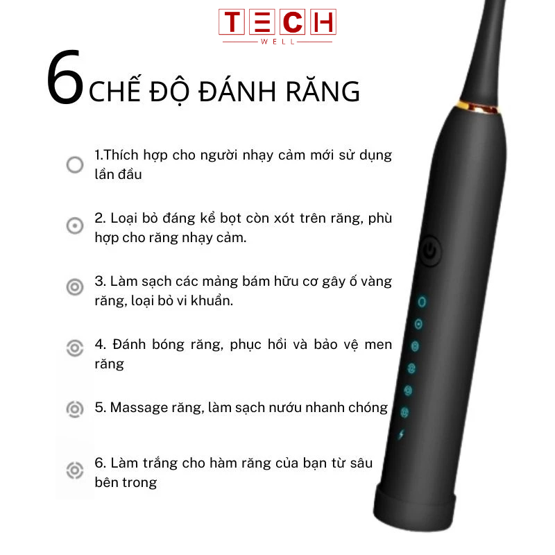 [Mã INCMT15 giảm 15K đơn 99K] Bàn chải điện đánh răng TECHWELL - Sonic X3 6 chế độ công nghệ sóng âm tặng 4 đầu bàn chải