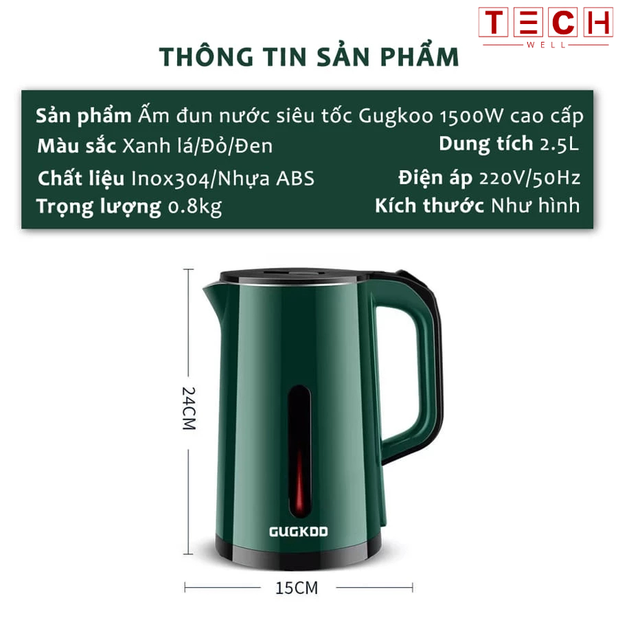 Ấm Siêu Tốc Đun Nước Dung Tích 2.5l Công Suất 1500w Bình Siêu Tốc 2 Lớp Cách Nhiệt Tự Ngắt Khi Sôi GODWELL