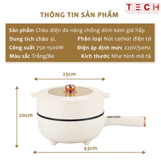  Chảo Điện Mini Đa Năng Chống Dính Dung Tích 3L Nồi Lẩu Điện Có Tay Cầm Dài Điều Chỉnh Nhiệt Độ Nấu 
