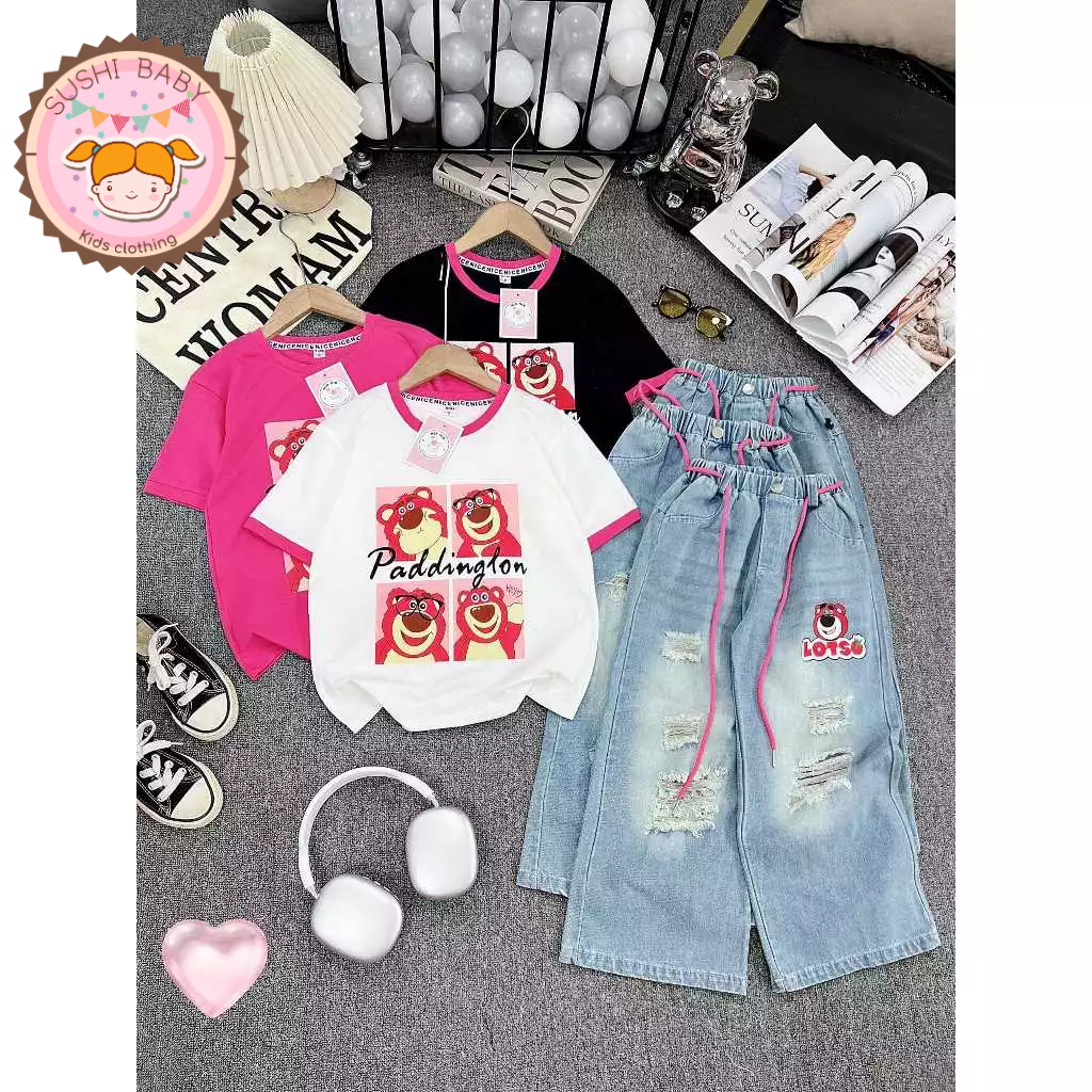(16-40kg) Set áo thun in nhiệt gấu dâu hot hit phối quần jean rách cá tính cho bé gái diện đi học, đi chơi