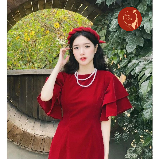 Áo dài nữ, Áo dài cách tân nhung thiết kế cổ tròn trơn tay loe cánh tiên hai lớp siêu xinh