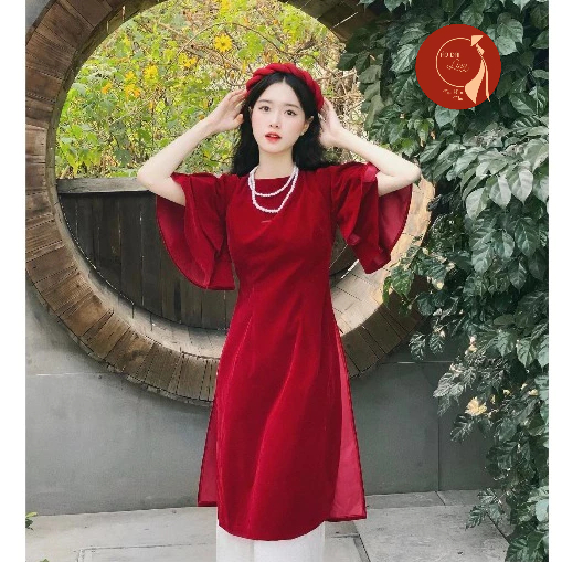 Áo dài nữ, Áo dài cách tân nhung thiết kế cổ tròn trơn tay loe cánh tiên hai lớp siêu xinh