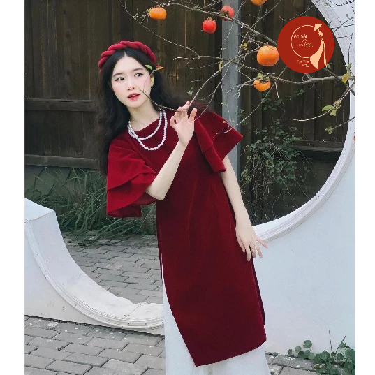 Áo dài nữ, Áo dài cách tân nhung thiết kế cổ tròn trơn tay loe cánh tiên hai lớp siêu xinh