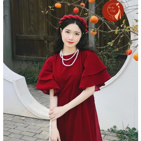 Áo dài nữ, Áo dài cách tân nhung thiết kế cổ tròn trơn tay loe cánh tiên hai lớp siêu xinh