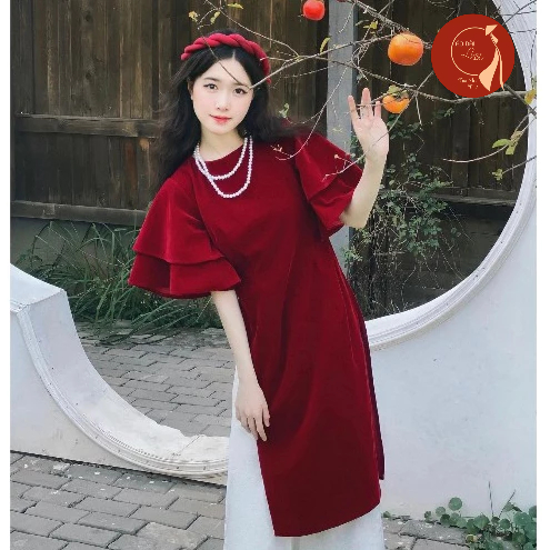 Áo dài nữ, Áo dài cách tân nhung thiết kế cổ tròn trơn tay loe cánh tiên hai lớp siêu xinh