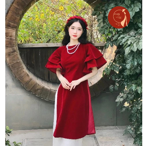 Áo dài nữ, Áo dài cách tân nhung thiết kế cổ tròn trơn tay loe cánh tiên hai lớp siêu xinh