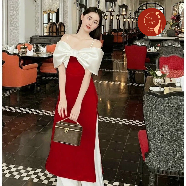 Áo Dài Nữ, Áo Dài Cách Tân 2 Dây Trễ Vai kết Nơ Trước Ngực Cho Các Nàng Công Chúa ,Tiểu Thư