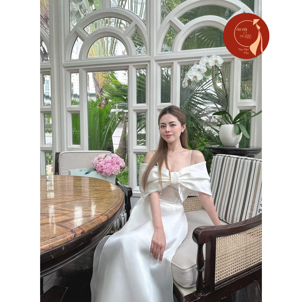 Áo Dài Nữ, Áo Dài Cách Tân 2 Dây Trễ Vai kết Nơ Trước Ngực Cho Các Nàng Công Chúa ,Tiểu Thư
