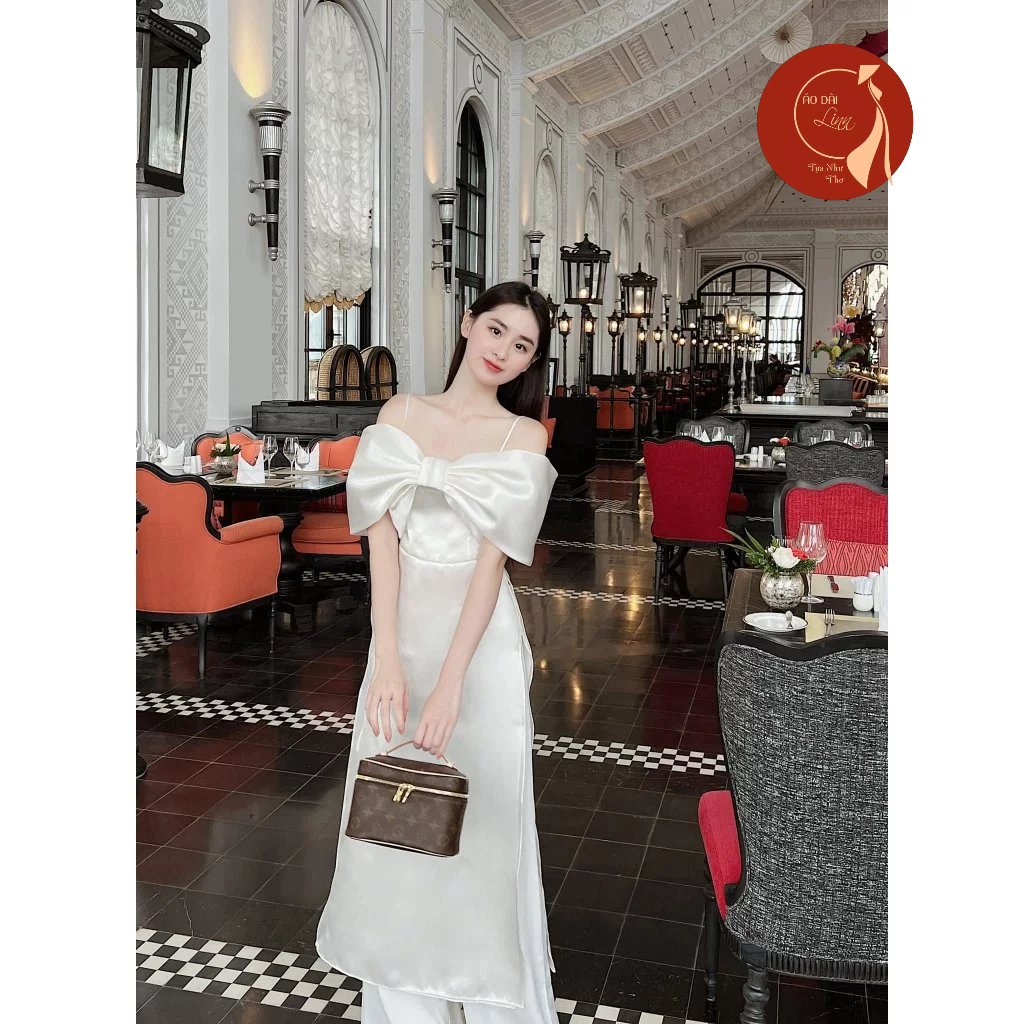 Áo Dài Nữ, Áo Dài Cách Tân 2 Dây Trễ Vai kết Nơ Trước Ngực Cho Các Nàng Công Chúa ,Tiểu Thư