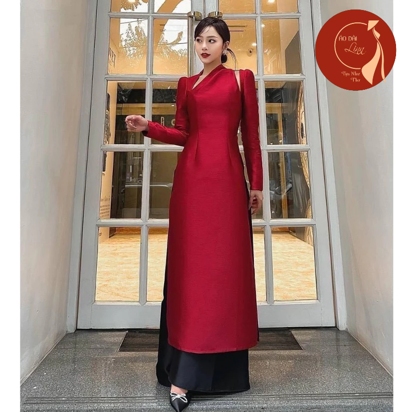 Áo dài cách tân, Áo dài nữ cổ xéo 2 tà màu đỏ đô siêu sang chảnh may sẵn