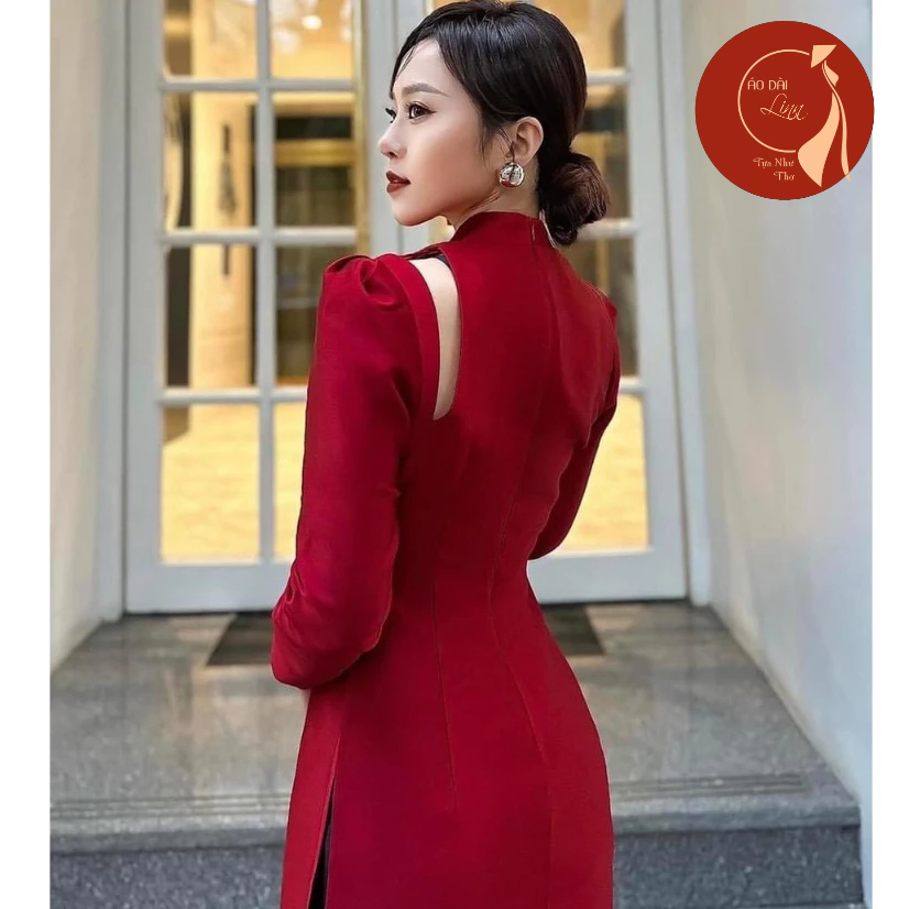 Áo dài cách tân, Áo dài nữ cổ xéo 2 tà màu đỏ đô siêu sang chảnh may sẵn