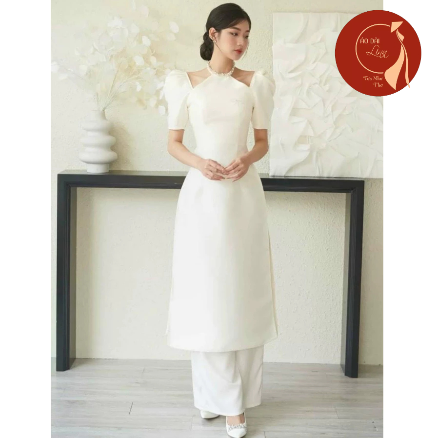 Áo dài nữ, Áo dài cách tân cổ yếm tay bồng chất liệu tafta chuẩn from đính kết cao cấp