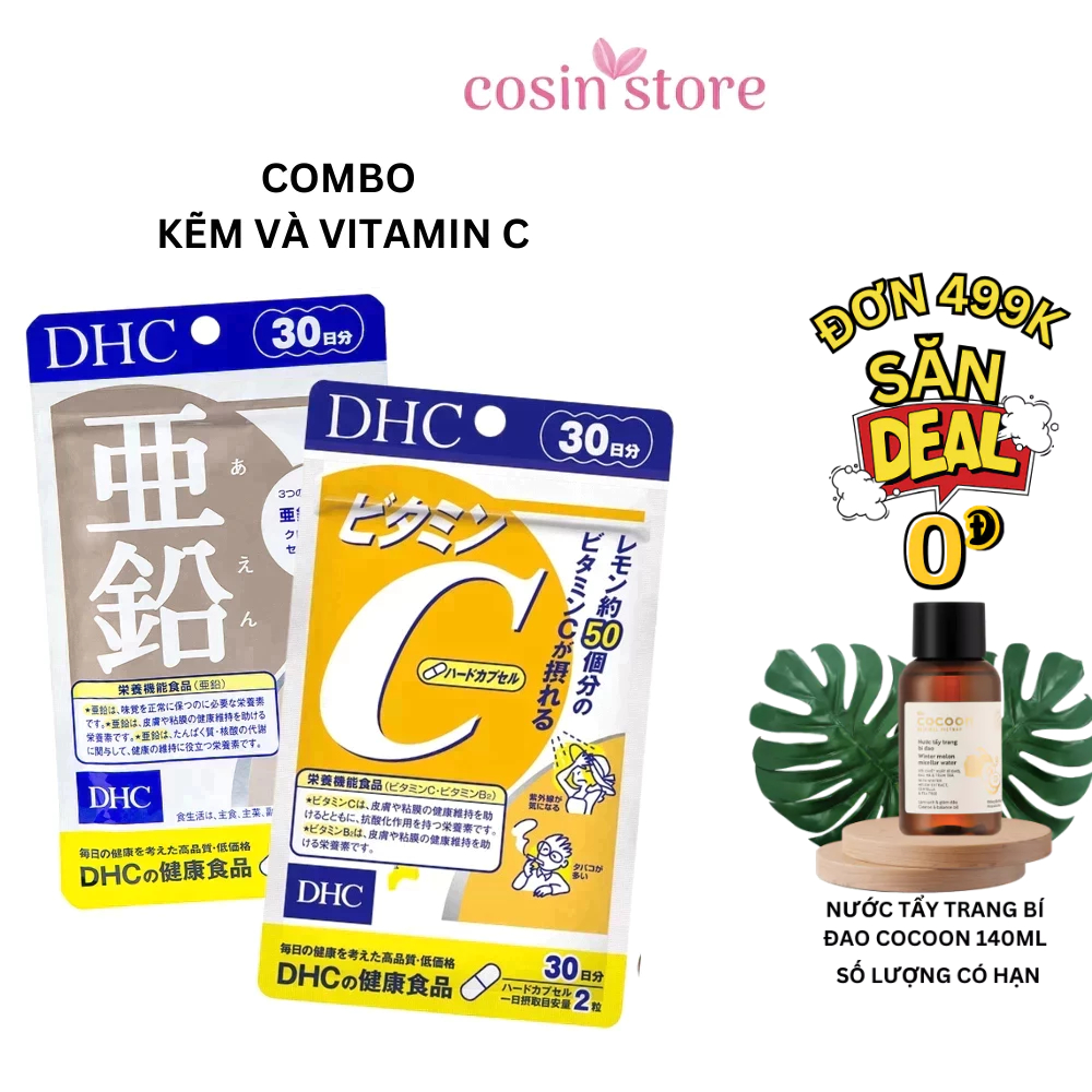 Combo Viên uống Kẽm DHC và Vitamin C DHC 30 ngày dùng hỗ trợ ngừa mụn mờ thâm shop Cosin Store