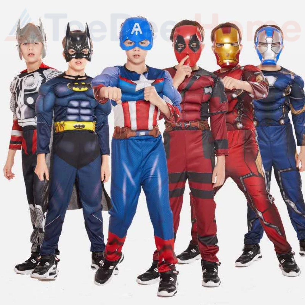 Hoá trang halloween cho bé, halloween cosplay siêu anh hùng, hoá trang batman, cosplay thor, cosplay đội trưởng mỹ