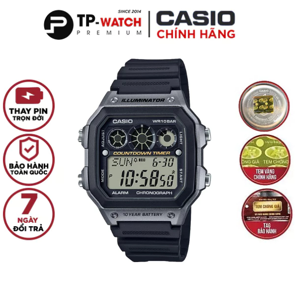 Đồng Hồ Nam Dây Nhựa Casio Worldtime AE-1300WH-8A Chính Hãng - Pin 10 Năm - Chống nước 10m bơi lội