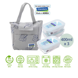 Bộ 3 hộp thủy tinh Glasslock 400ml kèm túi giữ nhiệt họa tiết lá phong - Larva Store