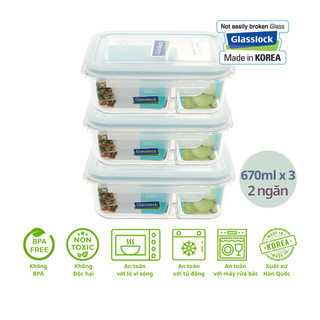 Bộ 3 hộp thủy tinh 2 ngăn Glasslock MCRK067 670ml Hàn Quốc (thủy tinh cường lực) - Larva Store