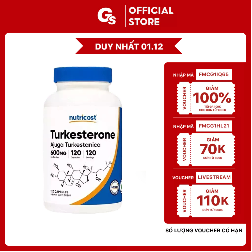 Viên uống Nutricost Turkesterone - Ajuga Turkestanica, 600 mg - 120 Capsules nhập khẩu Mỹ - Gymstore