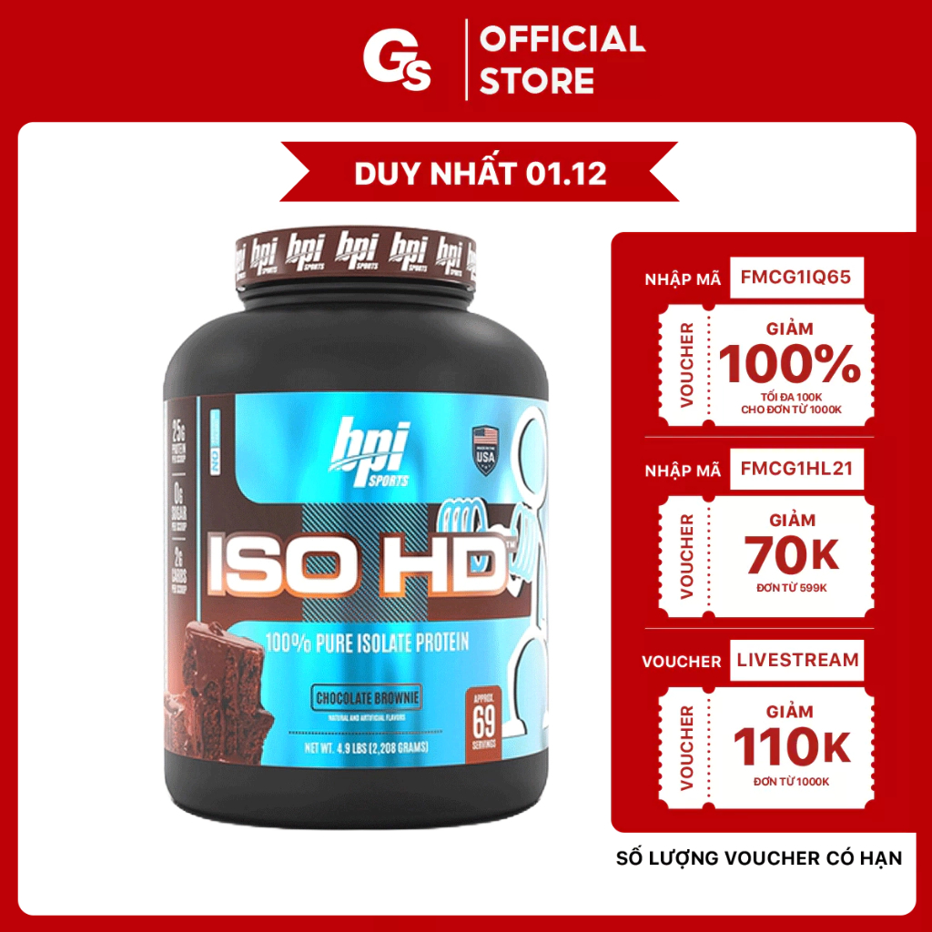 Sữa bổ sung Protein tinh khiết BPI ISO HD 100% Pure Isolate Protein, 5 Lbs (69 Servings)