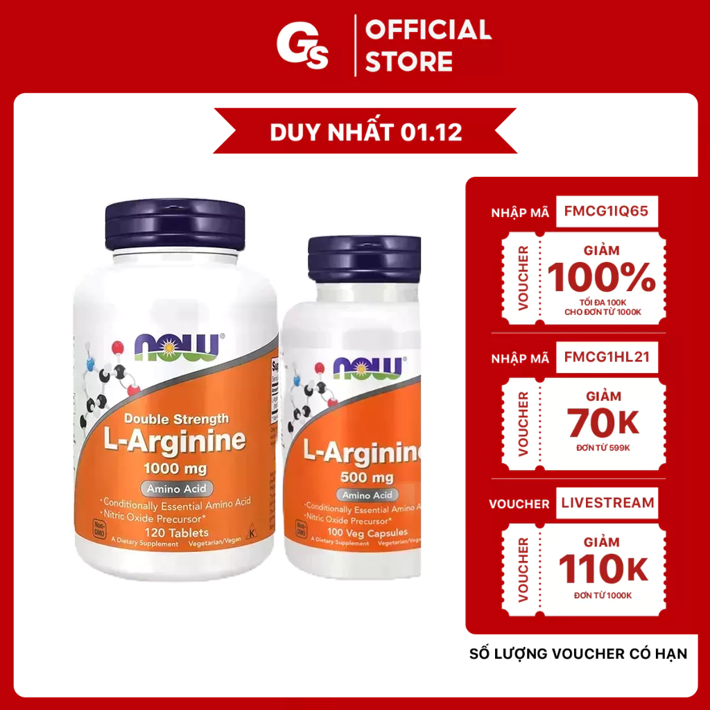 Viên uống bổ sung Now L-Arginine 500mg và 1000mg - Now L Arginine hỗ trợ tim mạch, gan, sinh lý
