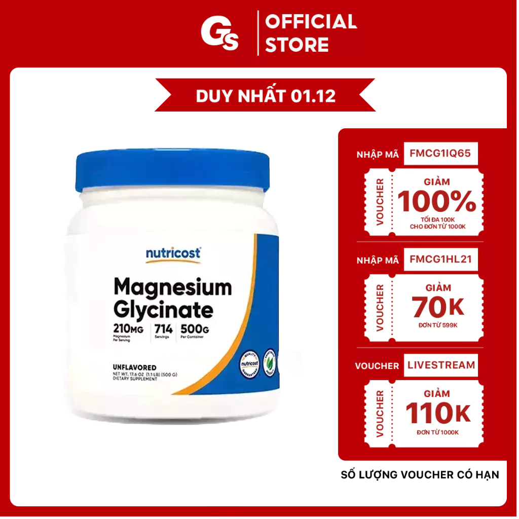 Bột Nutricost Magnesium Glycinate Powder  210 mg nhập Mỹ - Cải thiện tâm trạng, giấc ngủ, phục hồi cơ bắp